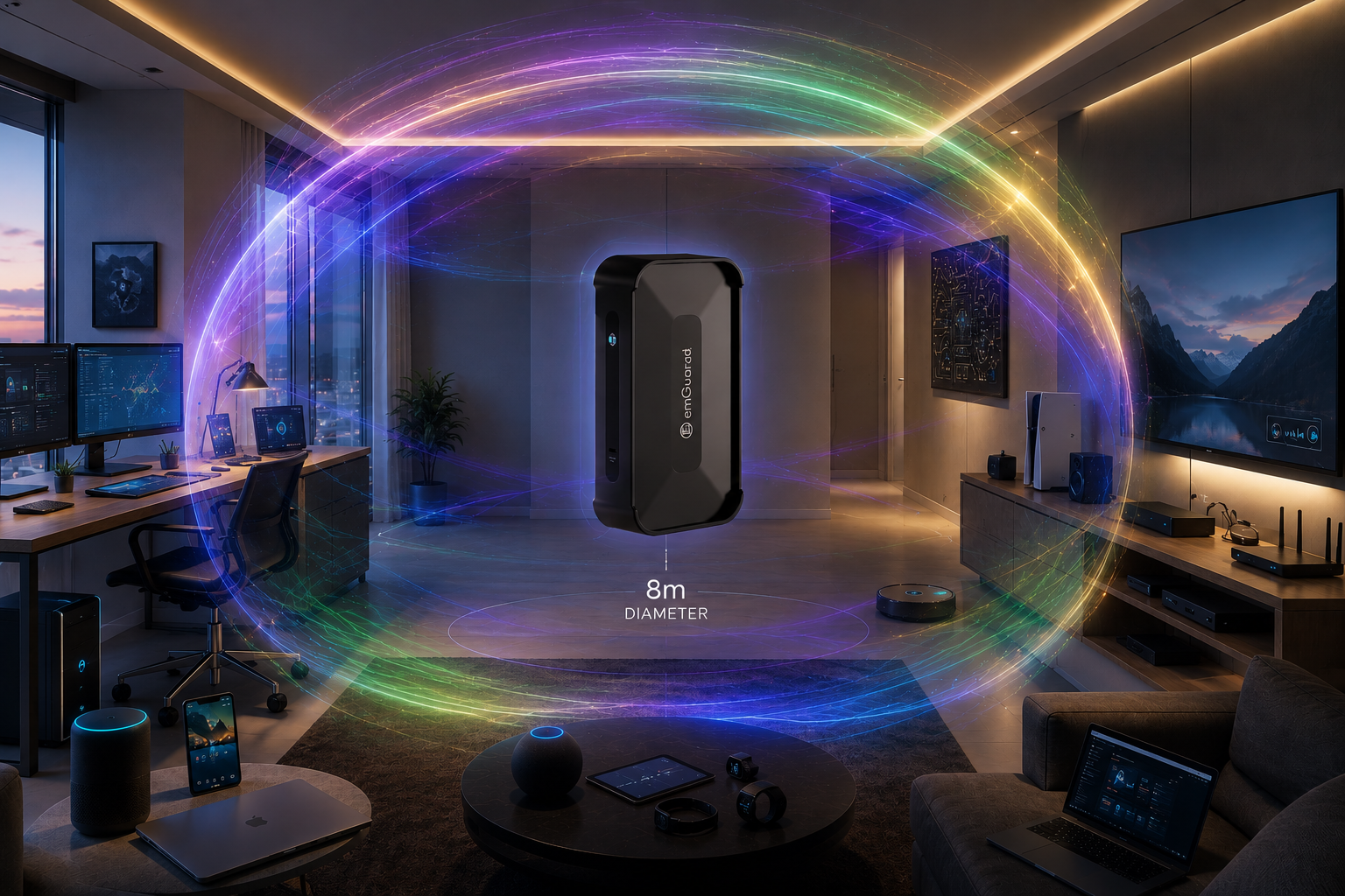 EMGUARD harmonising ambient EMF across a connected home, 8m diameter field