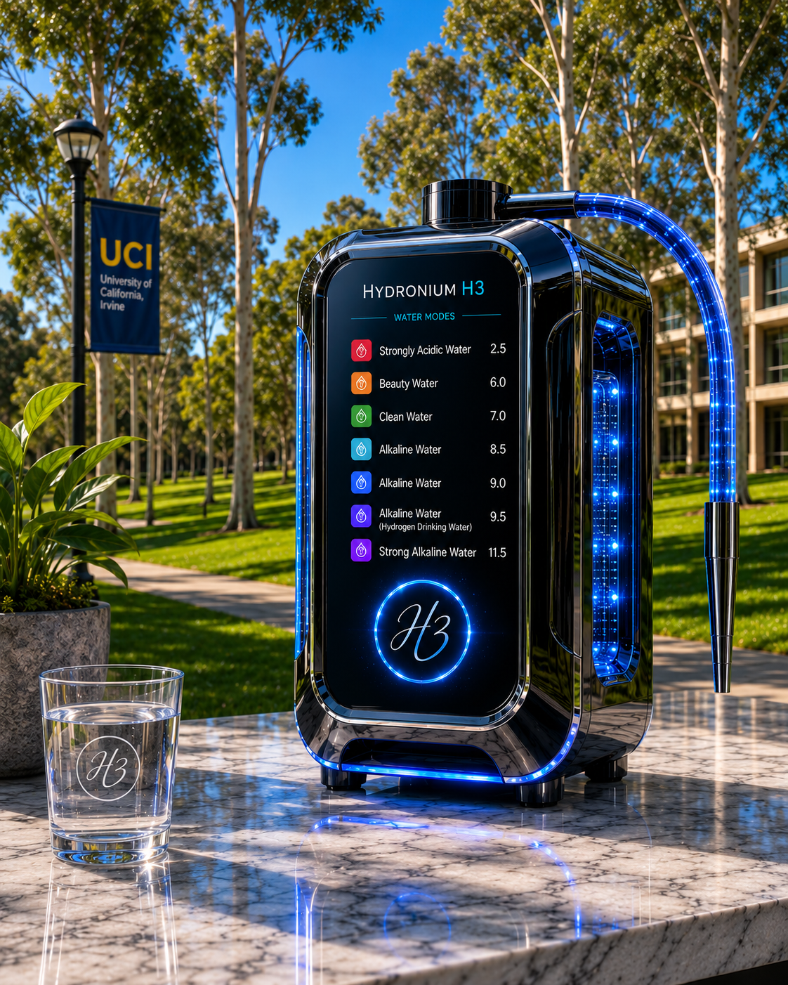 Hydronium H3 — flagship ionizer concept render on the UCI campus