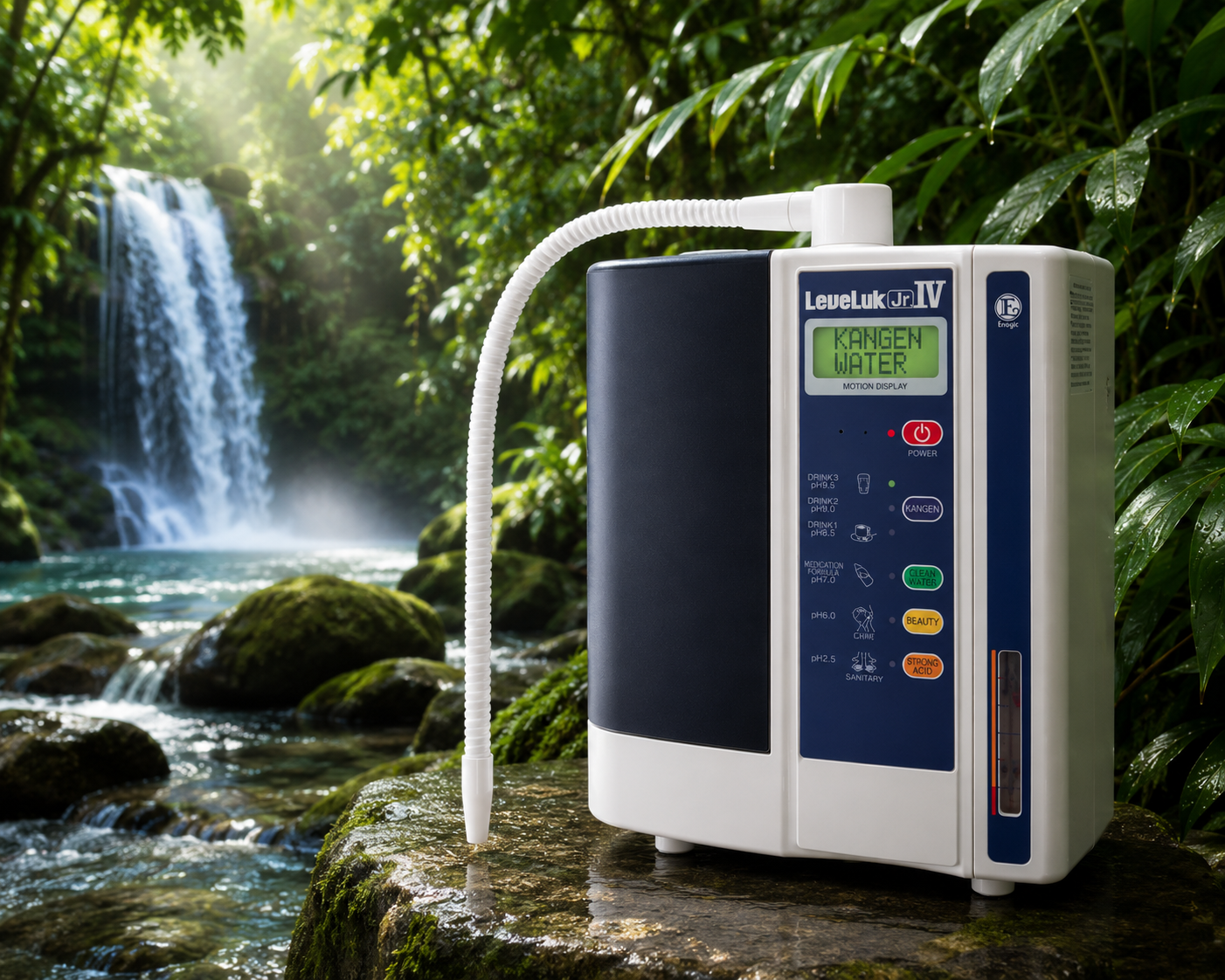 LeveLuk Jr IV ionizer beside a forest waterfall