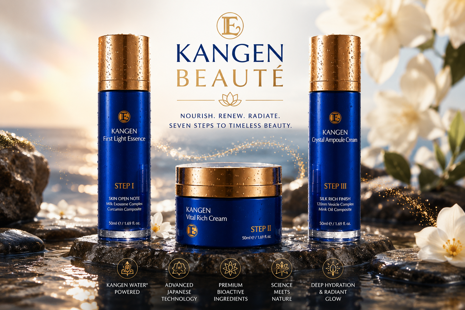 Kangen Beauté three-step skincare set — First Light Essence, Vital Rich Cream, Crystal Ampoule Cream