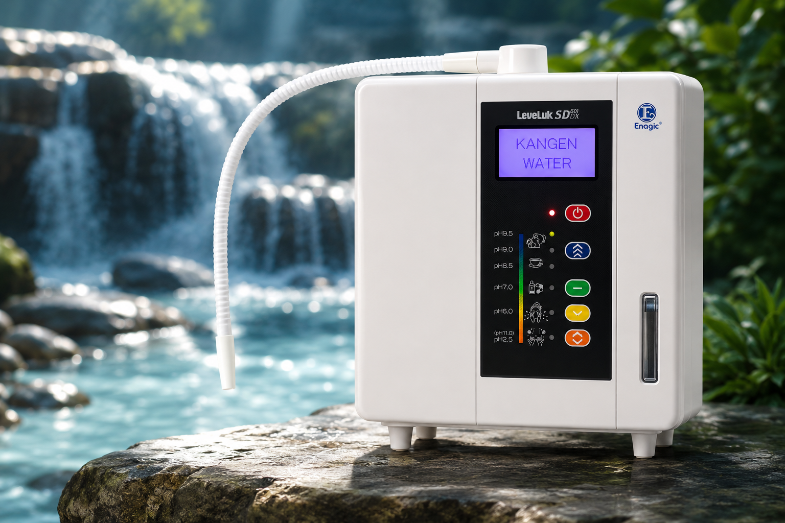 LeveLuk SD501DX ionizer beside a natural waterfall