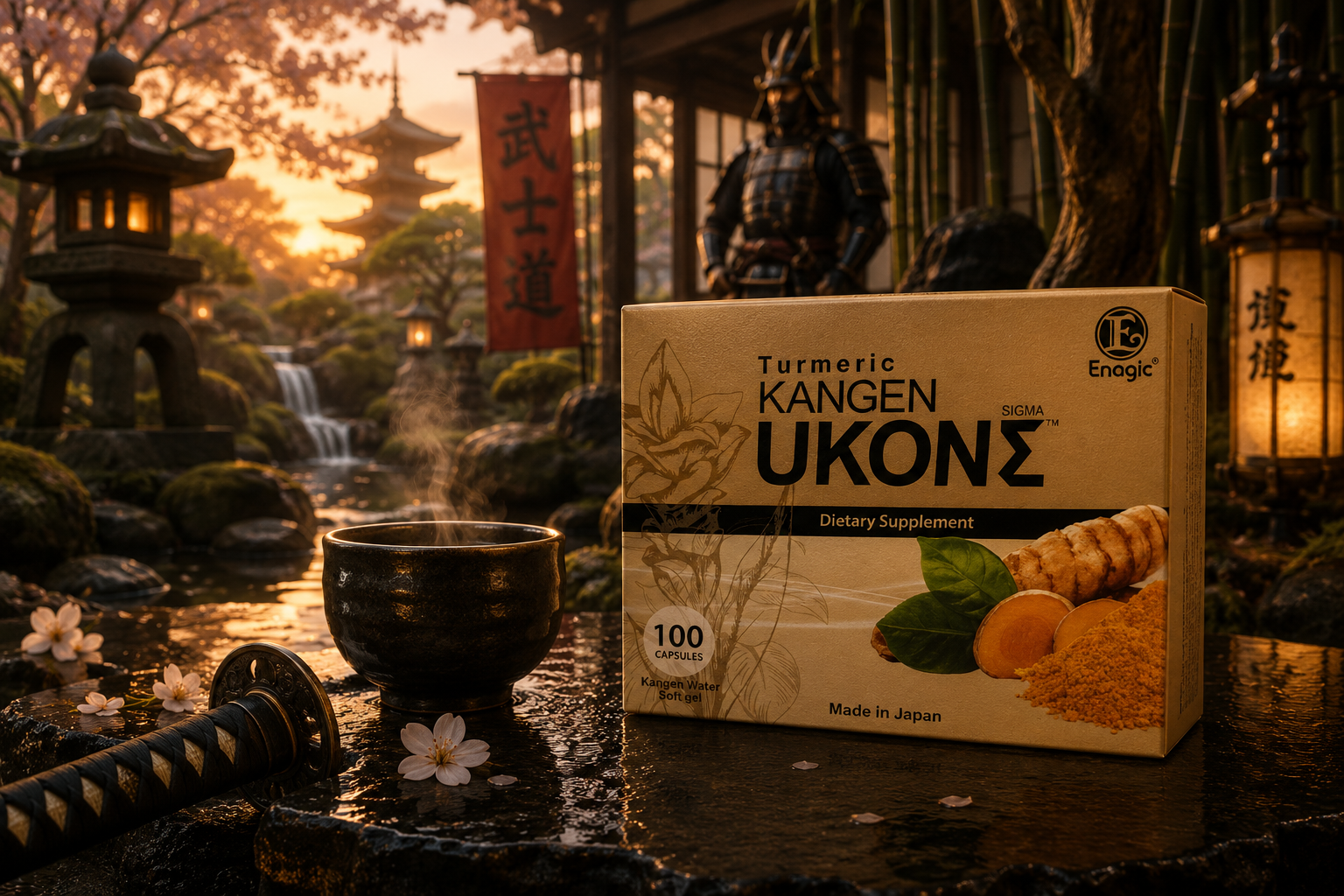 Kangen UKON turmeric supplement in a Japanese garden